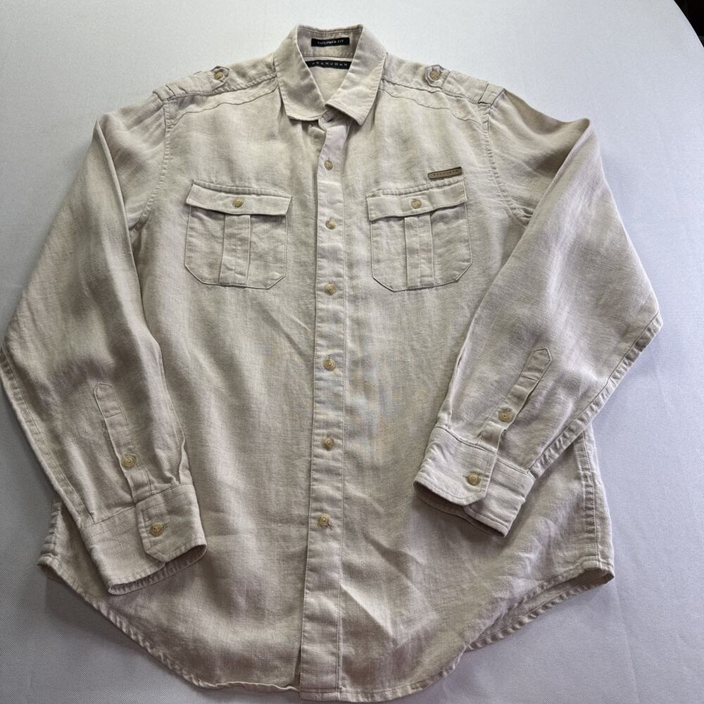 Sean John Men's Linen Shirt Medium Beige Long Sleeve Tailored Fit Utility #0300